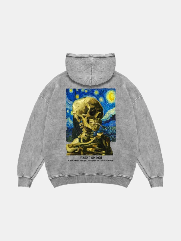 Skull of a Skeleton Baskılı Oversize Unisex Yıkamalı Beyaz Hoodie