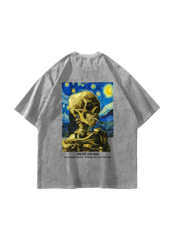 Skull of a Skeleton Baskılı Oversize Unisex Yıkamalı Beyaz Tshirt