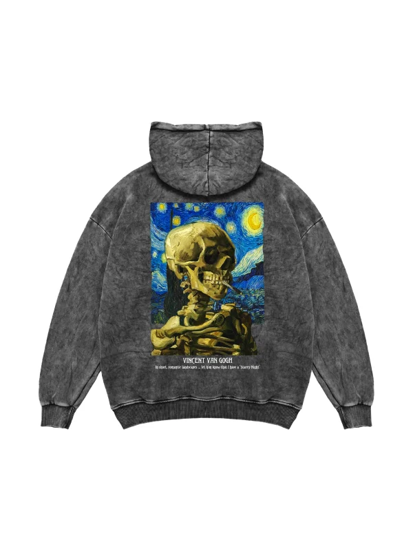 Skull of a Skeleton Baskılı Oversize Unisex Yıkamalı Siyah Hoodie