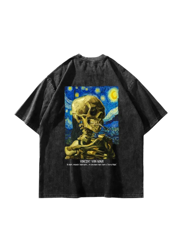 Skull of a Skeleton Baskılı Oversize Unisex Yıkamalı Siyah Tshirt