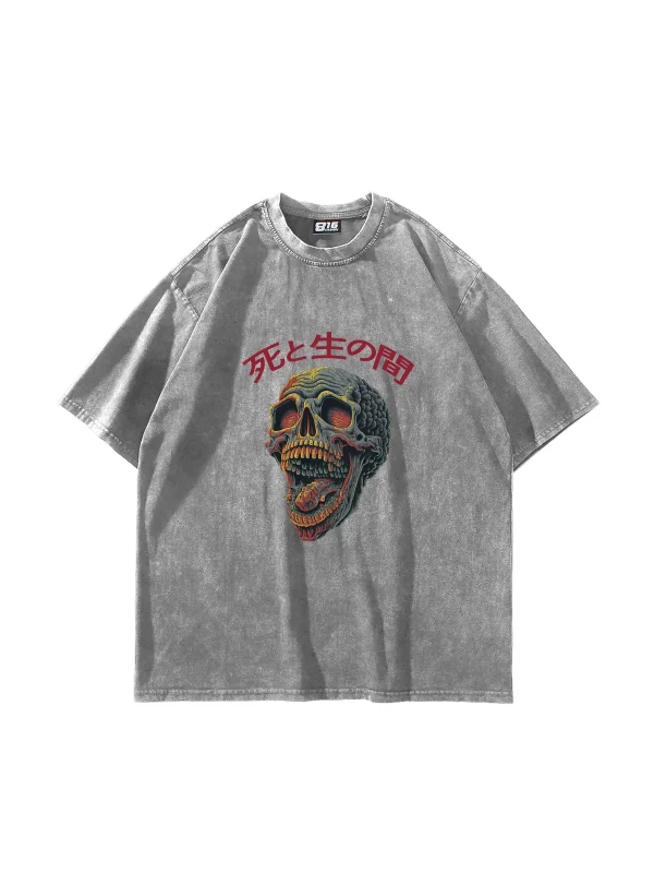 Skull Scream Baskılı Oversize Unisex Yıkamalı Beyaz Tshirt