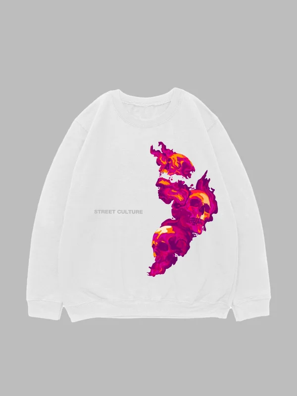 Skull Smoke 816 Baskılı Beyaz Oversize Unisex Sweatshirt