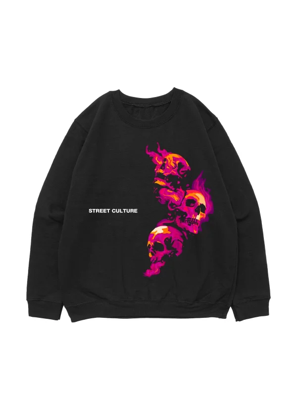 Skull Smoke 816 Baskılı Siyah Oversize Unisex Sweatshirt