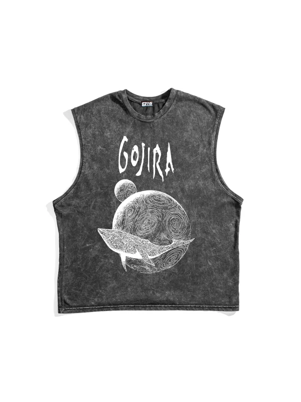 Gojira Flying Whales Baskılı Yıkamalı Siyah Sıfır Kol Tshirt