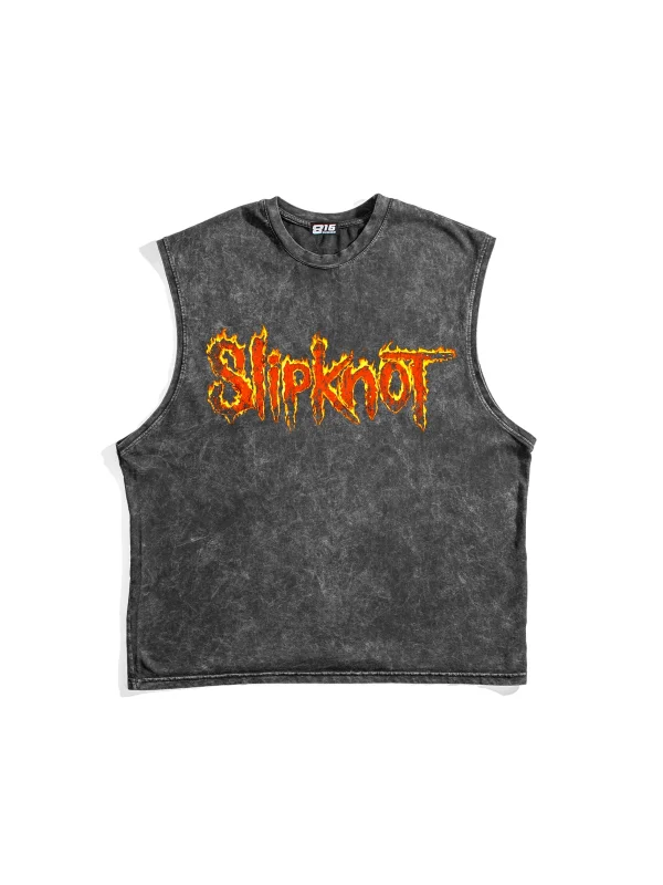 Slipknot Alev Logolu Baskılı Yıkamalı Siyah Sıfır Kol Tshirt