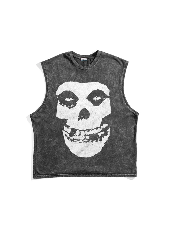 Misfits Baskılı Yıkamalı Siyah Sıfır Kol Tshirt