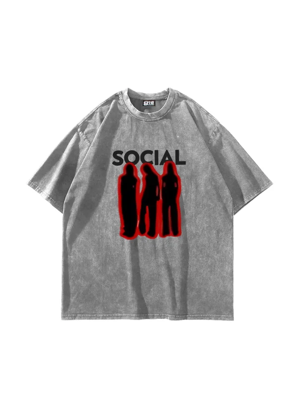 Social Baskılı Yıkamalı Beyaz Unisex Oversize Tshirt