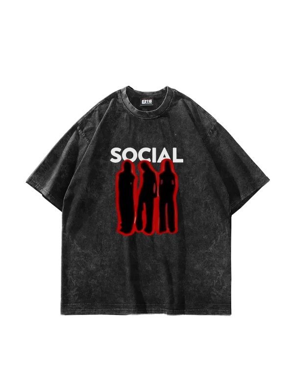Social Baskılı Yıkamalı Siyah Unisex Oversize Tshirt
