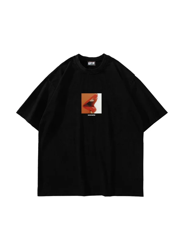 Sombre Baskılı Oversize Unisex Siyah Tshirt