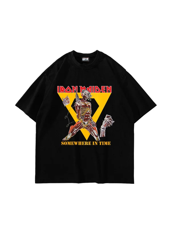 Somewhere In Time Baskılı Oversize Unisex Siyah Tshirt