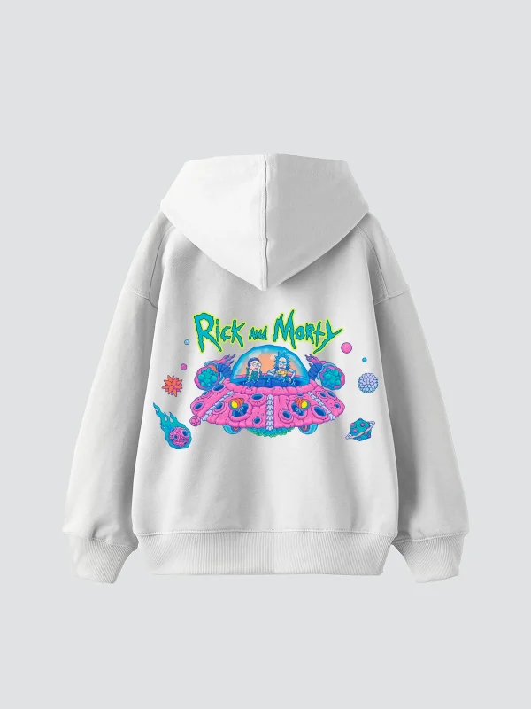 Space Ship Baskılı Oversize Unisex Beyaz Hoodie