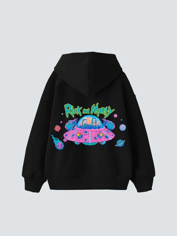 Space Ship Baskılı Oversize Unisex Siyah Hoodie
