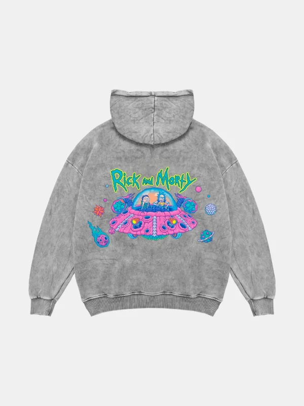 Space Ship Baskılı Oversize Unisex Yıkamalı Beyaz Hoodie
