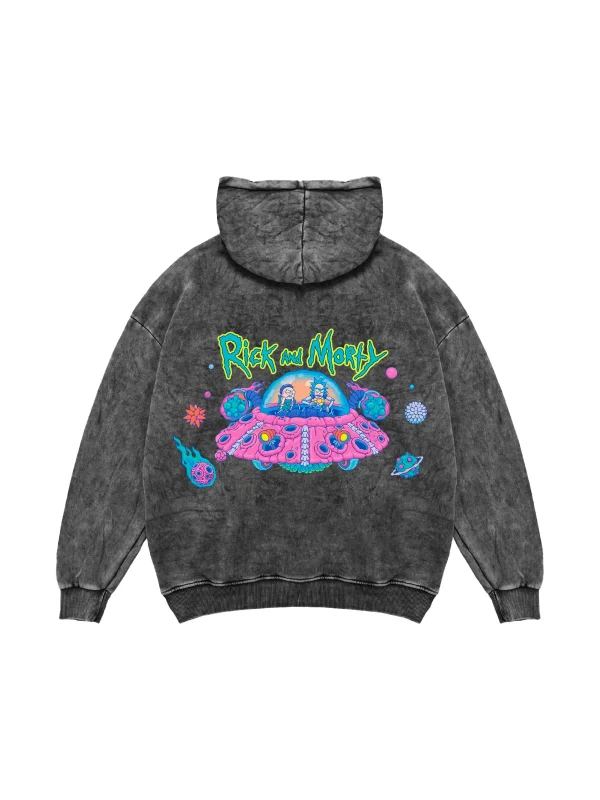 Space Ship Baskılı Oversize Unisex Yıkamalı Siyah Hoodie