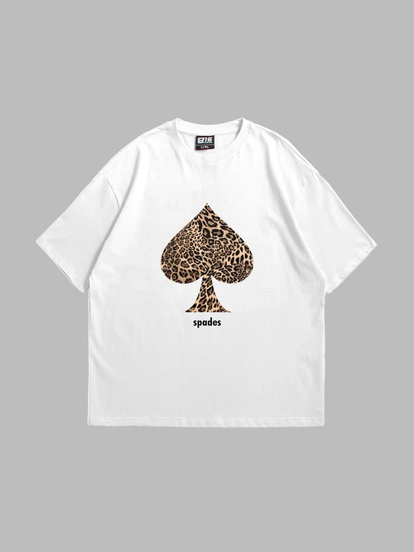Spades Leopar Baskılı Oversize Unisex Premium Beyaz Tshirt