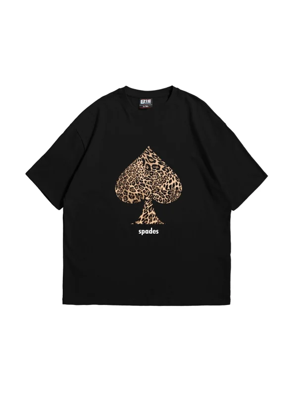 Spades Leopar Baskılı Oversize Unisex Premium Siyah Tshirt