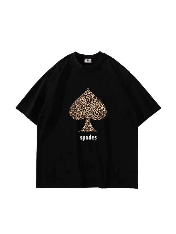Spades Leopar Baskılı Oversize Unisex Premium Siyah Tshirt