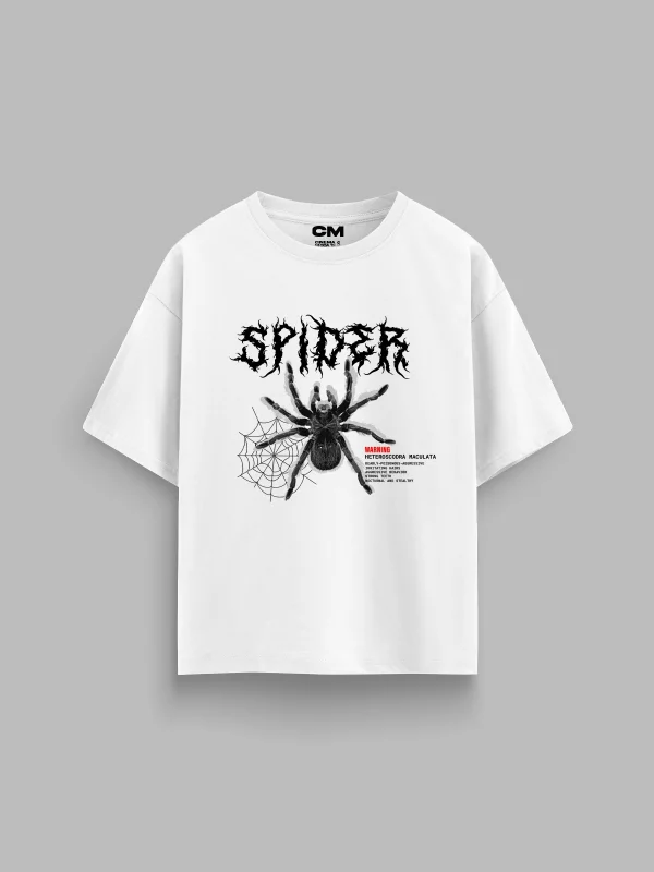 Spider Baskılı Rahat Kalıp 30/1 Unisex Beyaz Tshirt