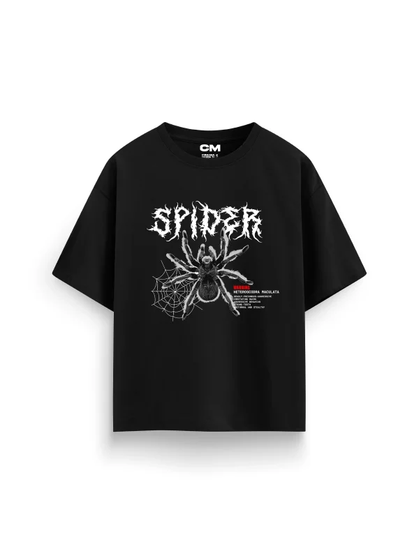 Spider Baskılı Rahat Kalıp 30/1 Unisex Siyah Tshirt