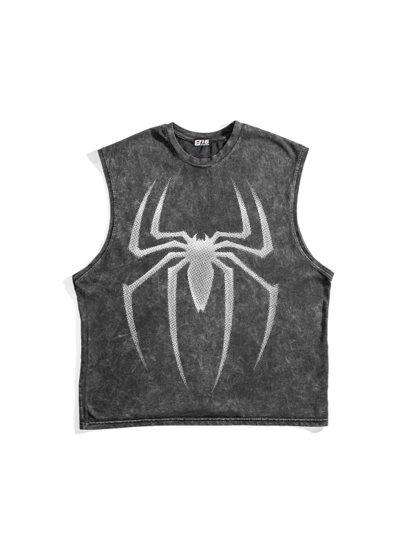 Spider Graphic Baskılı Yıkamalı Siyah Sıfır Kol Tshirt