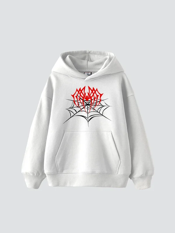 Spider Web Baskılı Oversize Unisex Premium Beyaz Hoodie
