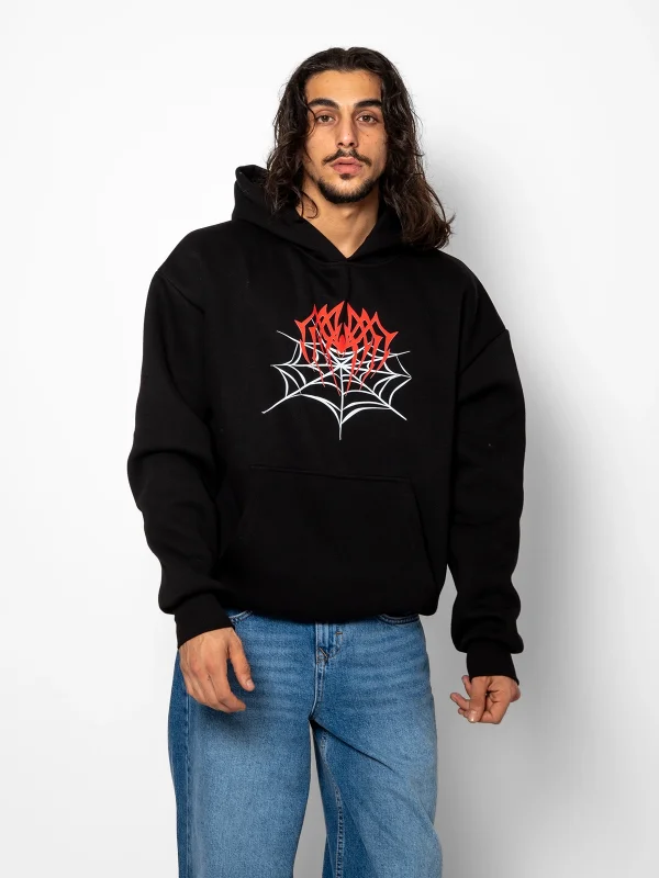 Spider Web Baskılı Oversize Unisex Premium Siyah Hoodie