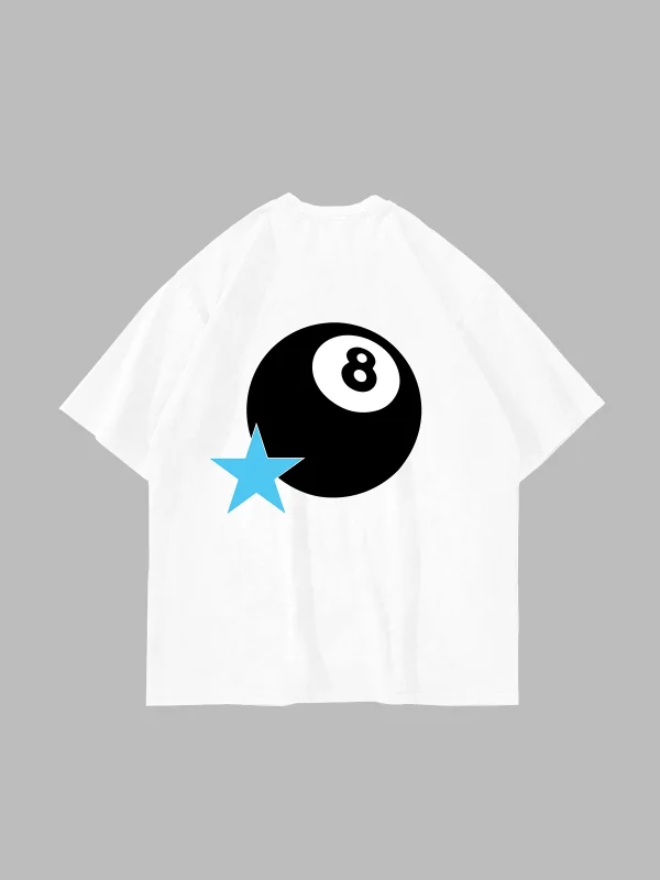 Star Eight Ball Baskılı Oversize Unisex Beyaz Tshirt
