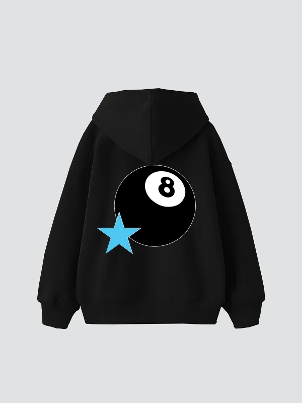 Star Eight Ball Baskılı Oversize Unisex Siyah Hoodie