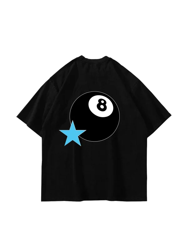 Star Eight Ball Baskılı Oversize Unisex Siyah Tshirt