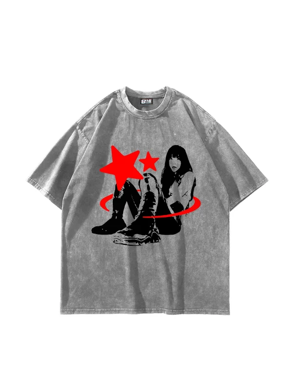 Star Girl Baskılı Yıkamalı Beyaz Unisex Oversize Tshirt