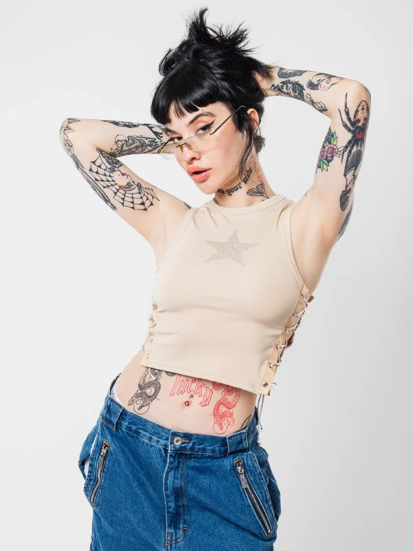 Star Nakış İşlemeli Yandan Bağlamalı Bej Crop Top