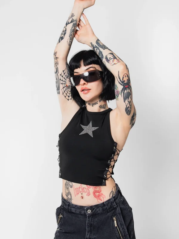 Star Nakış İşlemeli Yandan Bağlamalı Siyah Crop Top