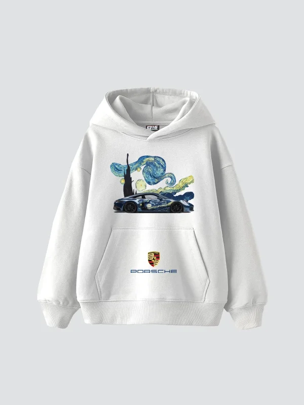 Starry Night Porsche Baskılı Oversize Unisex Beyaz Hoodie
