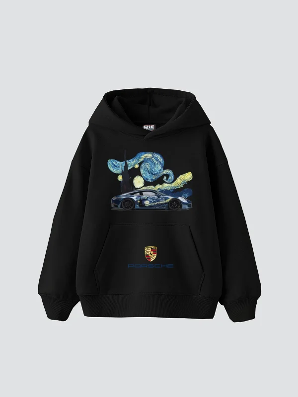 Starry Night Porsche Baskılı Oversize Unisex Siyah Hoodie