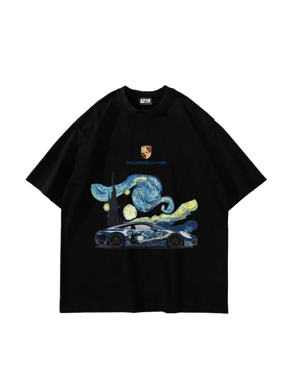 Starry Night Porsche Baskılı Oversize Unisex Siyah Tshirt