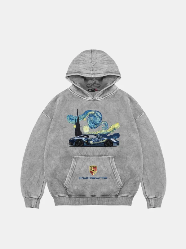 Starry Night Porsche Baskılı Oversize Unisex Yıkamalı Beyaz Hoodie