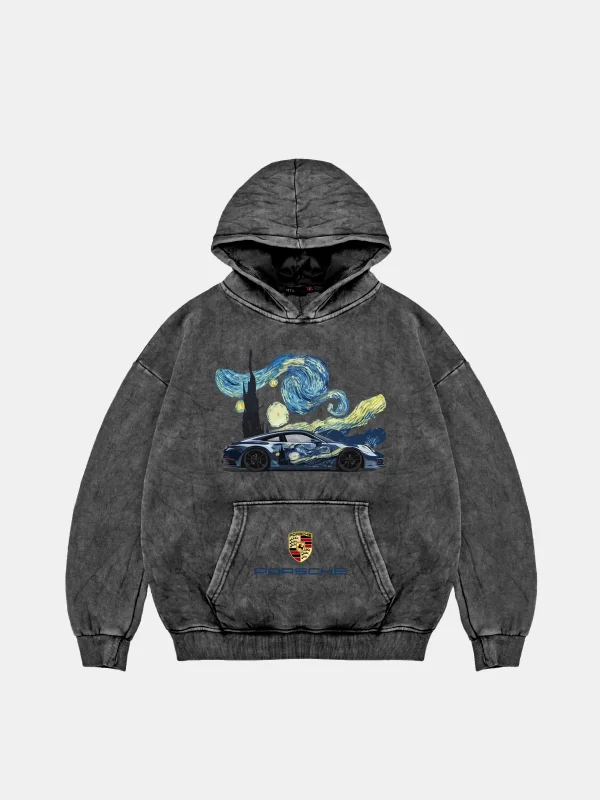 Starry Night Porsche Baskılı Oversize Unisex Yıkamalı Siyah Hoodie