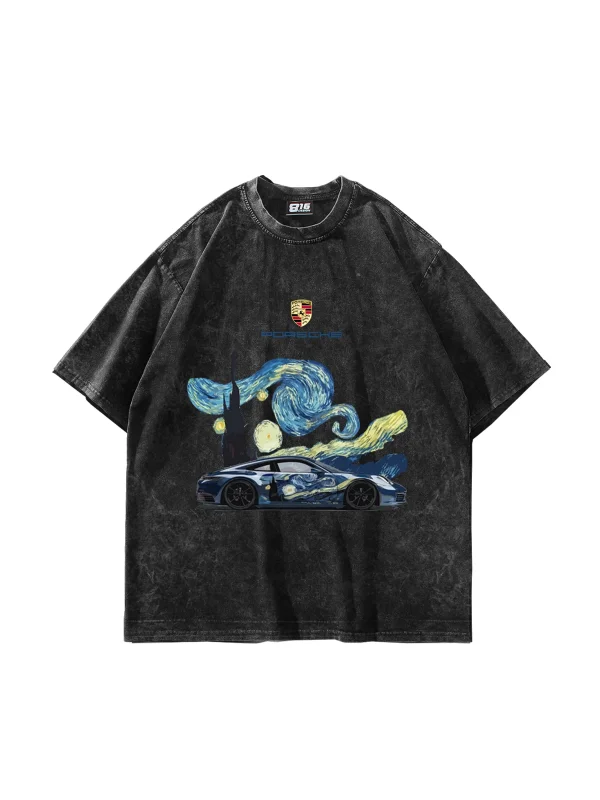 Starry Night Porsche Baskılı Oversize Unisex Yıkamalı Siyah Tshirt