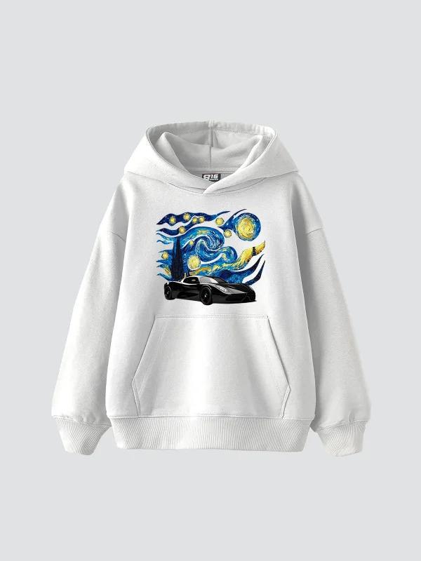 Starry Night Race Baskılı Oversize Unisex Beyaz Hoodie