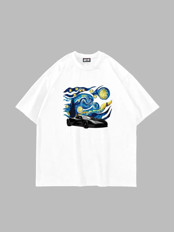 Starry Night Race Baskılı Oversize Unisex Beyaz Tshirt
