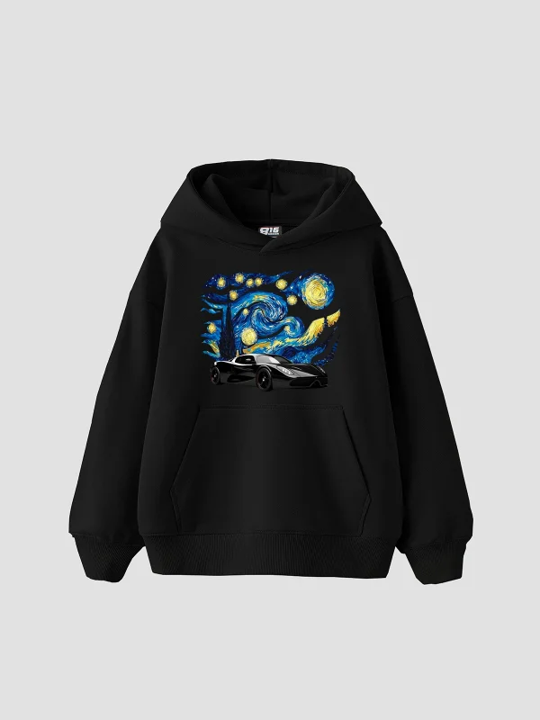 Starry Night Race Baskılı Oversize Unisex Siyah Hoodie