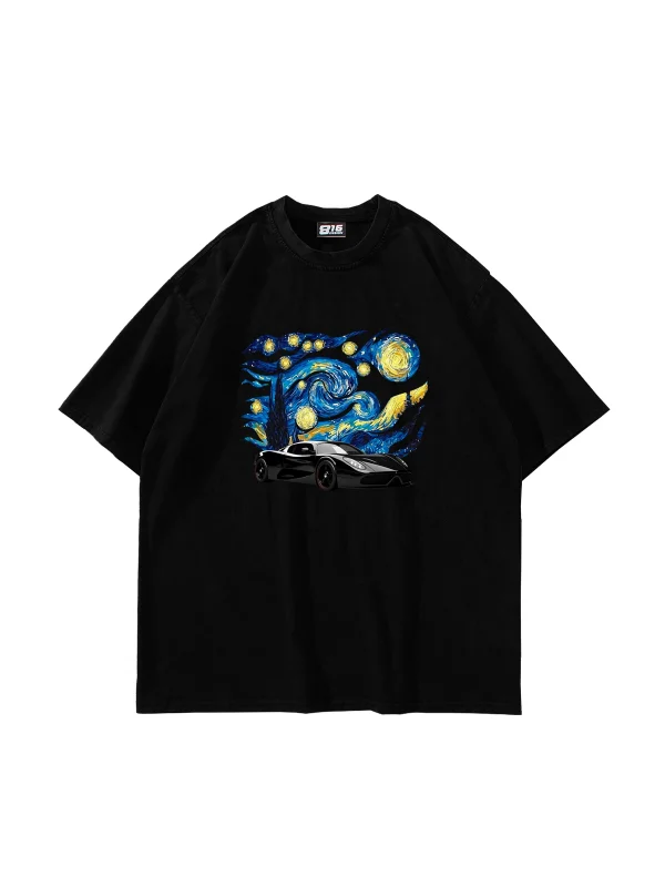 Starry Night Race Baskılı Oversize Unisex Siyah Tshirt