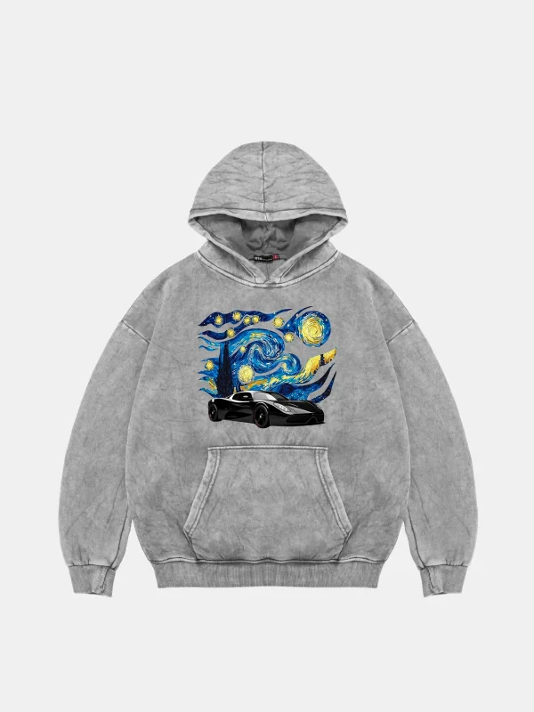 Starry Night Race Baskılı Oversize Unisex Yıkamalı Beyaz Hoodie