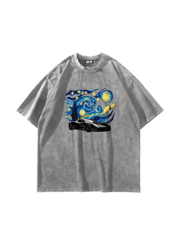 Starry Night Race Baskılı Oversize Unisex Yıkamalı Beyaz Tshirt
