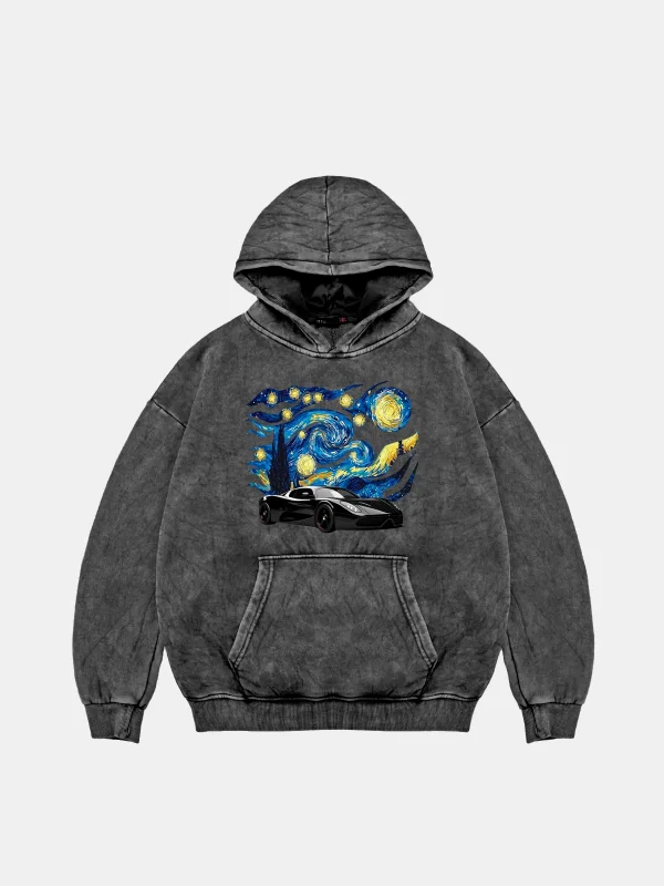 Starry Night Race Baskılı Oversize Unisex Yıkamalı Siyah Hoodie
