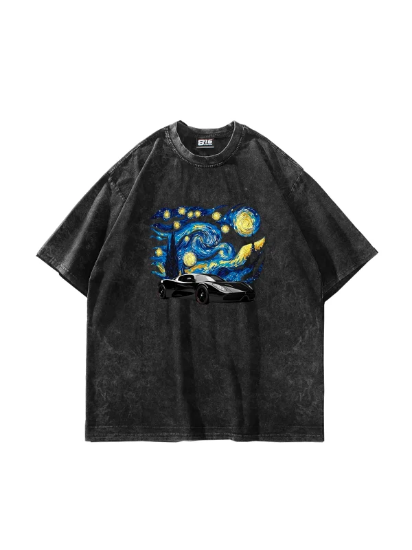 Starry Night Race Baskılı Oversize Unisex Yıkamalı Siyah Tshirt