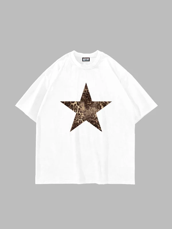 Starz Leopar Baskılı 24/1 Oversize Unisex Beyaz Tshirt