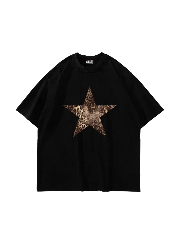 Starz Leopar Baskılı 24/1 Oversize Unisex Siyah Tshirt