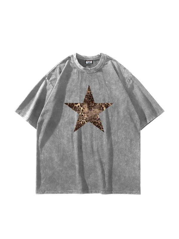 Starz Leopar Baskılı 24/1 Oversize Unisex Yıkamalı Beyaz Tshirt