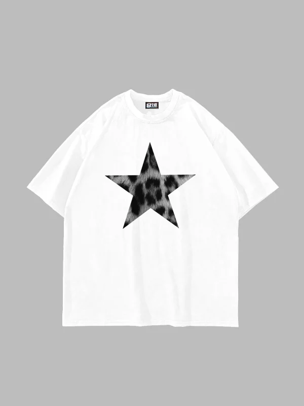 Starz Leopar Baskılı V2 24/1 Oversize Unisex Beyaz Tshirt